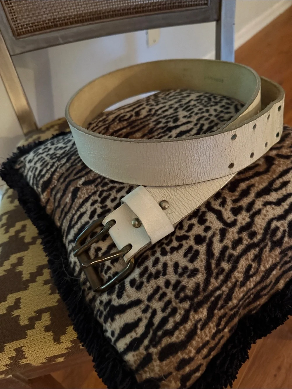 70’s White Leather Belt with Antique Silver Buckle